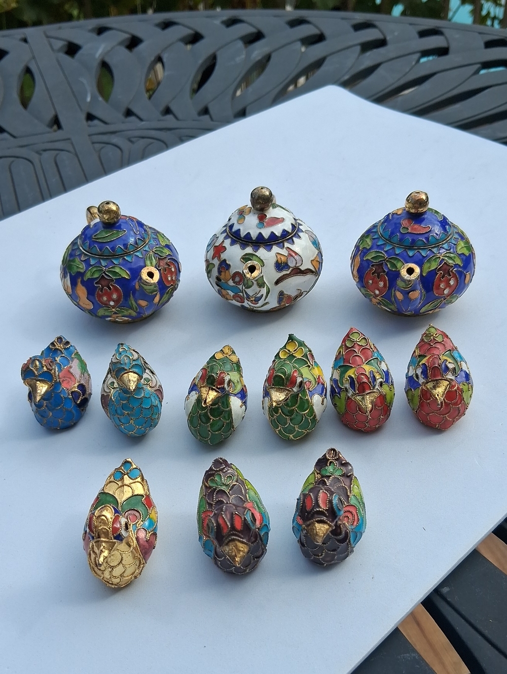 Vintage Hand-Painted Multicolor Cloisonné Decorative Teapots and Duck Ornaments